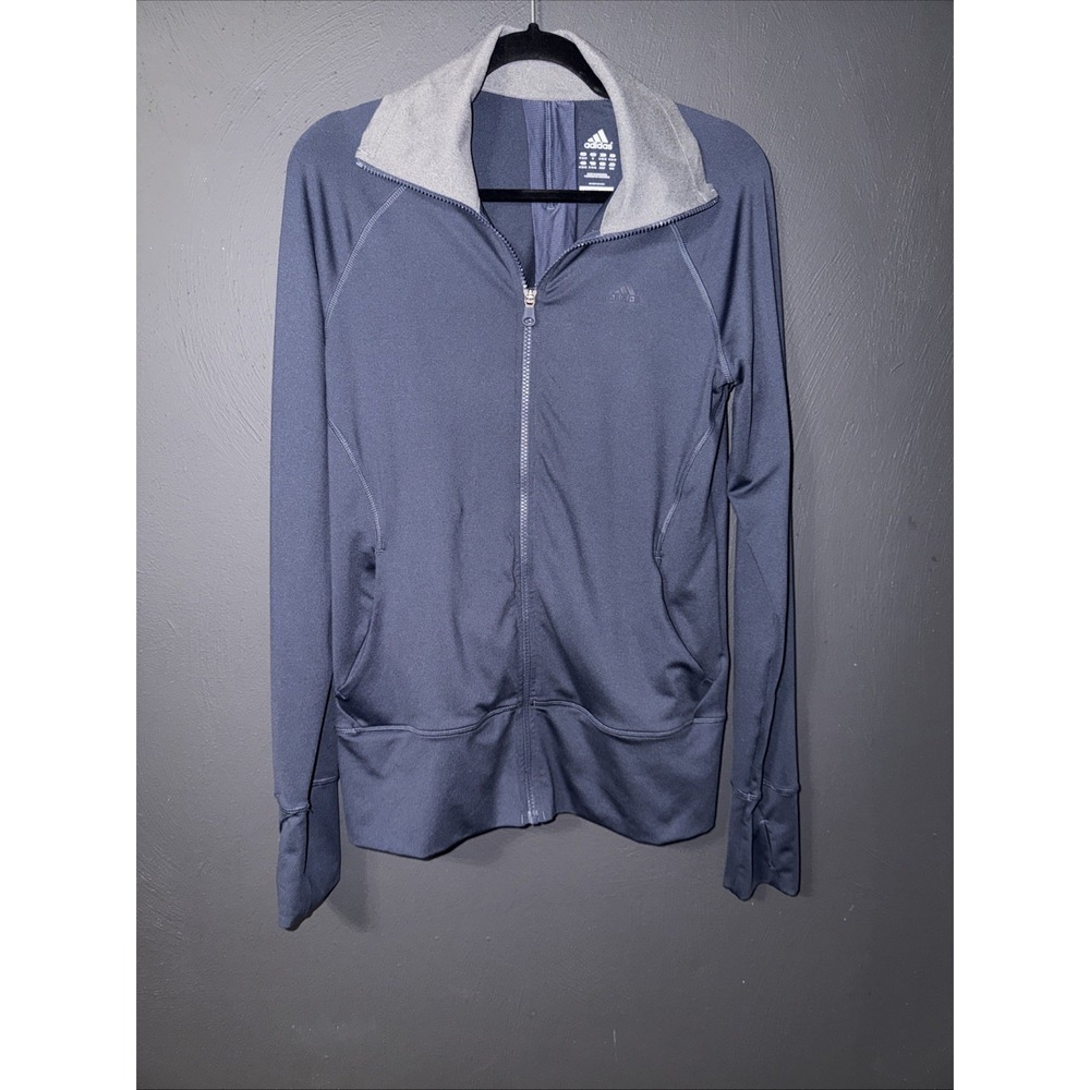 Adidas Womens M Climalite Full Zip Jacket Blue Active Athletic Track Thumbholes
